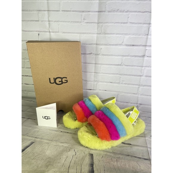 UGG Girls Fluff Yeah Neon Rainbow Multi Color Fuzzy Slippers Big